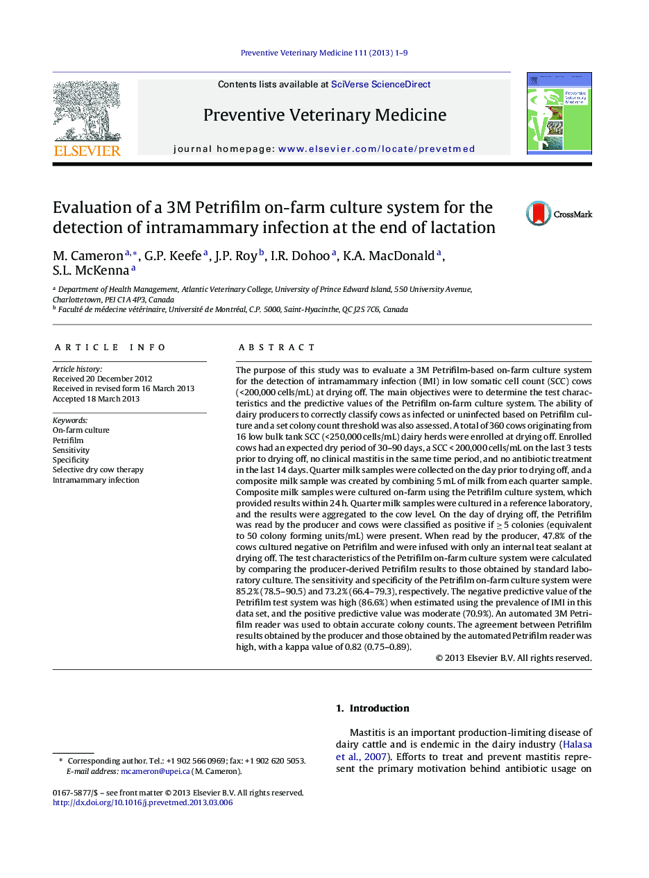 Evaluation of a 3M Petrifilm on-farm culture system for the detection of intramammary infection at the end of lactation