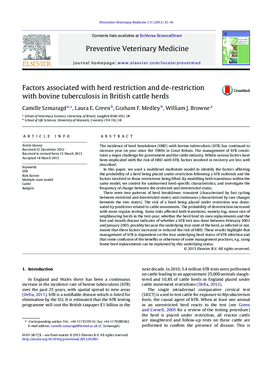 Factors associated with herd restriction and de-restriction with bovine tuberculosis in British cattle herds
