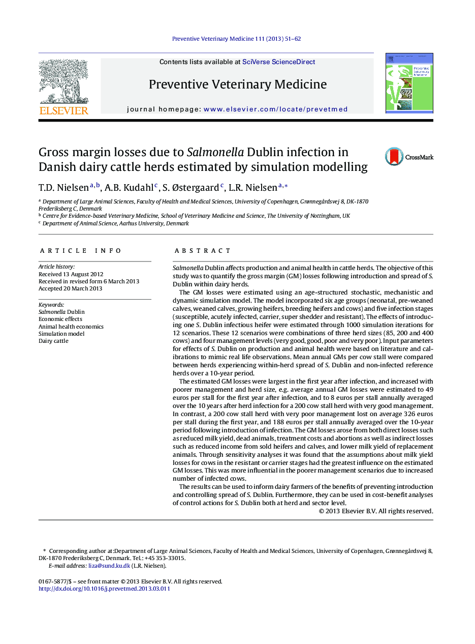 Gross margin losses due to Salmonella Dublin infection in Danish dairy cattle herds estimated by simulation modelling