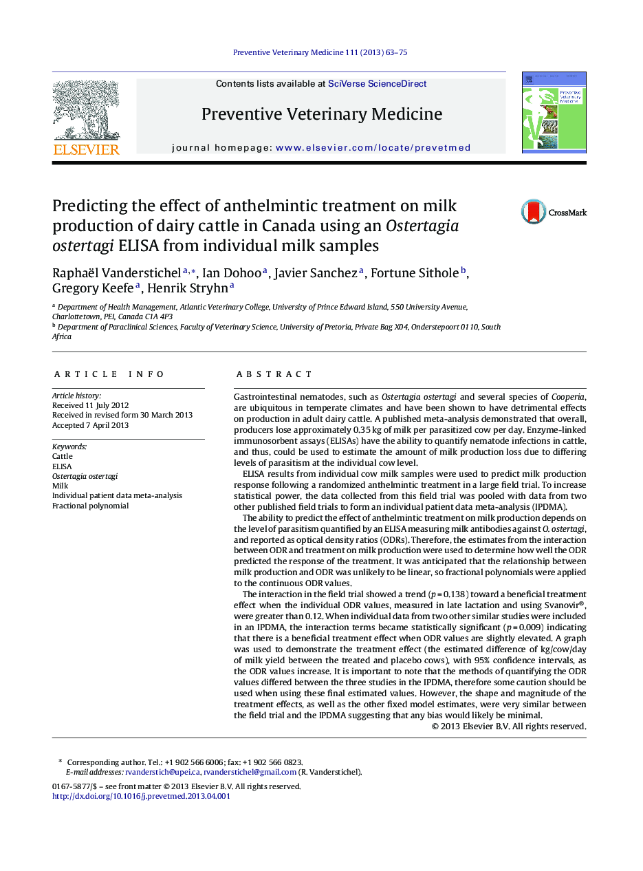Predicting the effect of anthelmintic treatment on milk production of dairy cattle in Canada using an Ostertagia ostertagi ELISA from individual milk samples