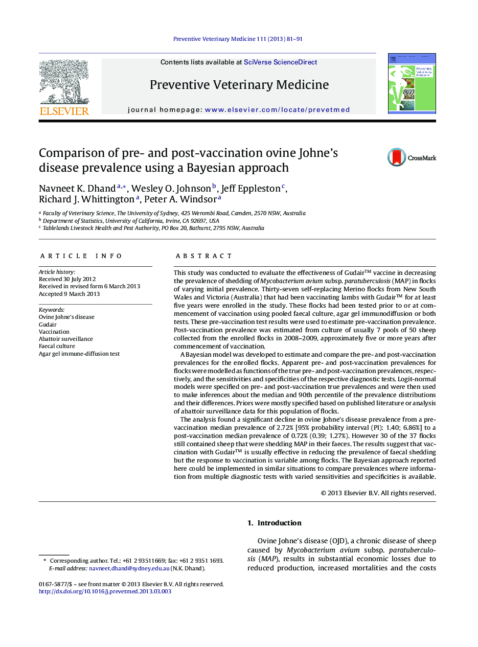 Comparison of pre- and post-vaccination ovine Johne's disease prevalence using a Bayesian approach