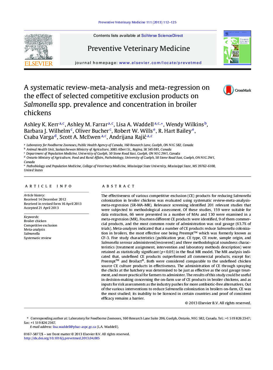 A systematic review-meta-analysis and meta-regression on the effect of selected competitive exclusion products on Salmonella spp. prevalence and concentration in broiler chickens