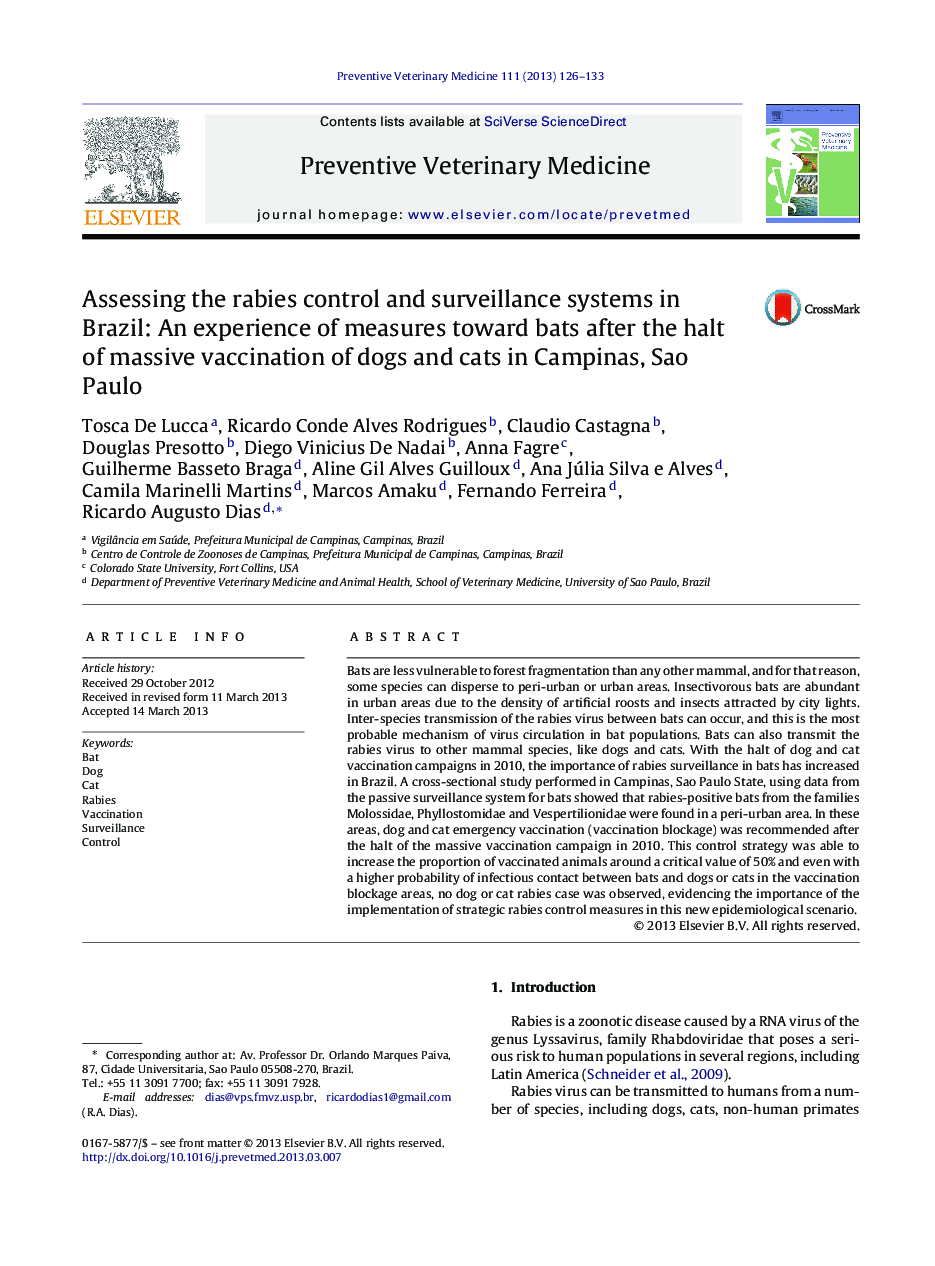 Assessing the rabies control and surveillance systems in Brazil: An experience of measures toward bats after the halt of massive vaccination of dogs and cats in Campinas, Sao Paulo