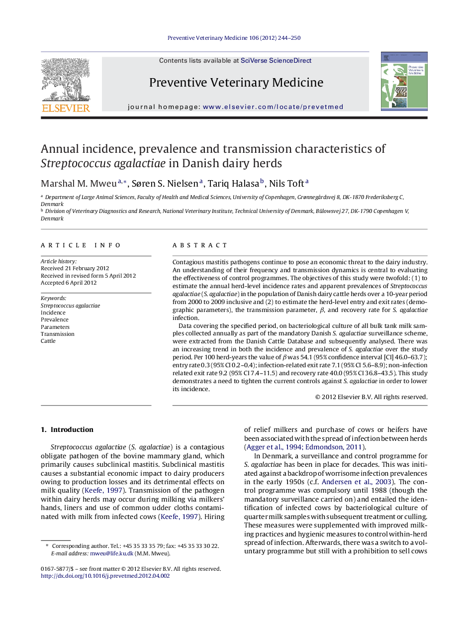 Annual incidence, prevalence and transmission characteristics of Streptococcus agalactiae in Danish dairy herds