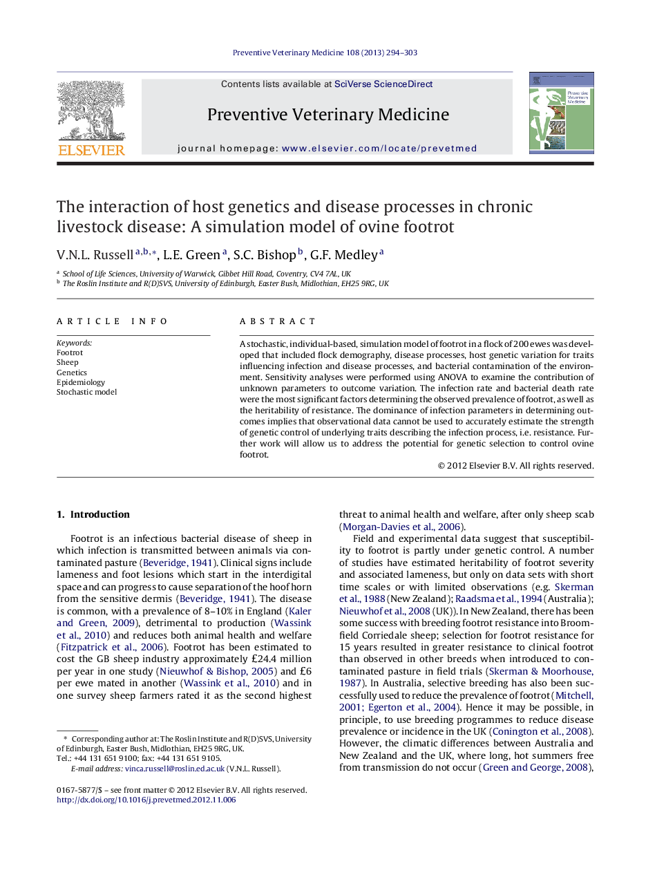 The interaction of host genetics and disease processes in chronic livestock disease: A simulation model of ovine footrot