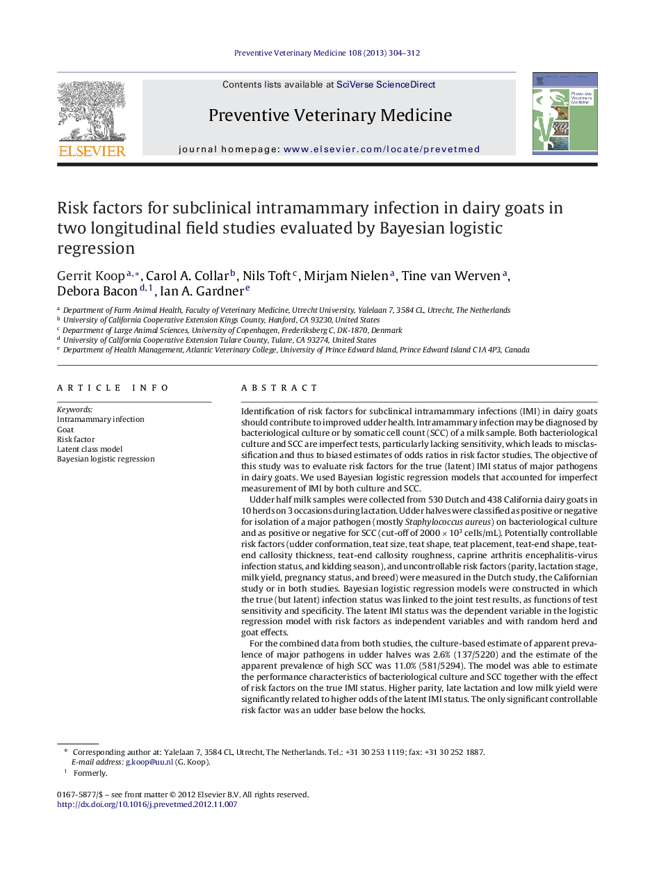 Risk factors for subclinical intramammary infection in dairy goats in two longitudinal field studies evaluated by Bayesian logistic regression