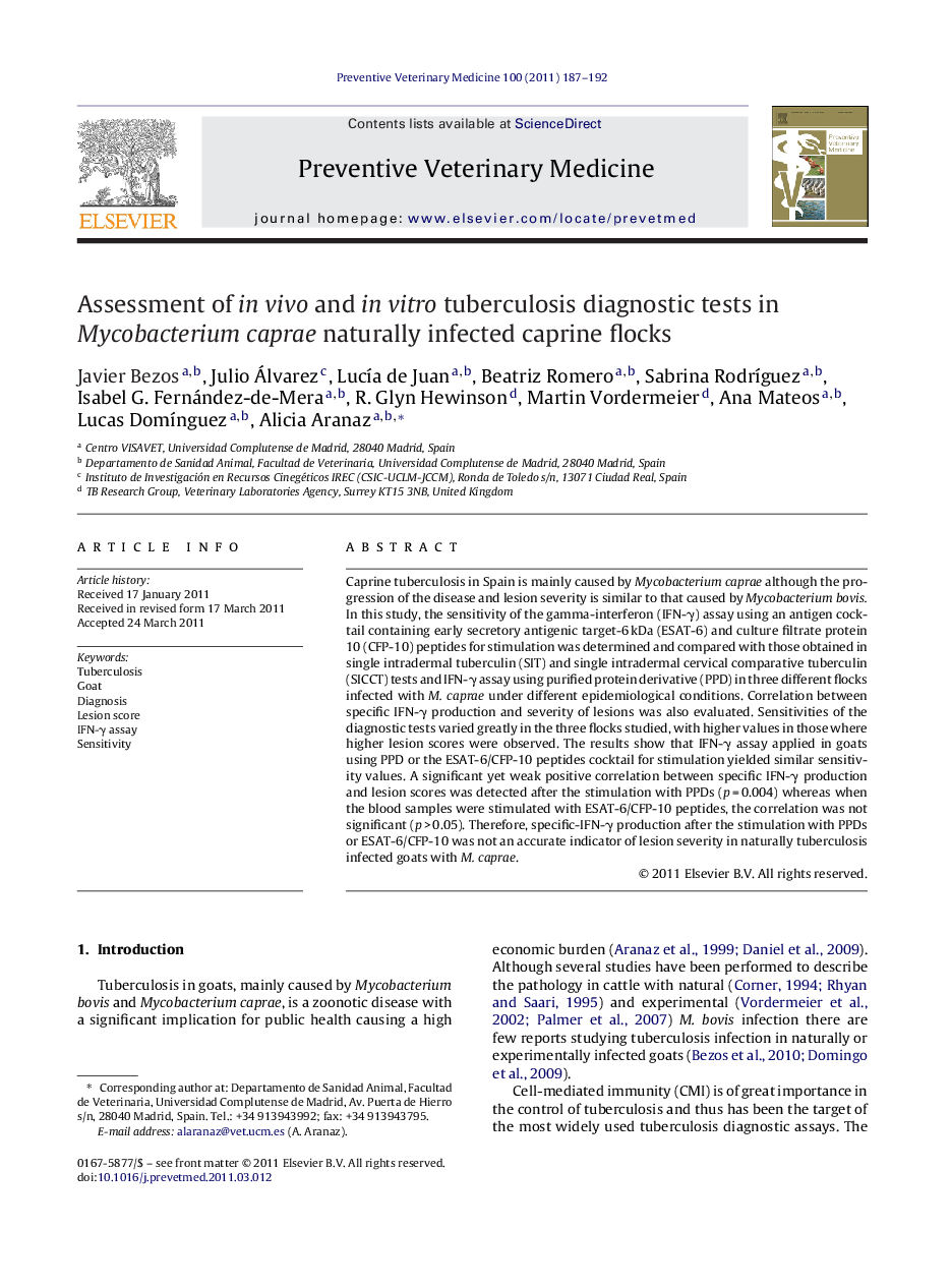 Assessment of in vivo and in vitro tuberculosis diagnostic tests in Mycobacterium caprae naturally infected caprine flocks