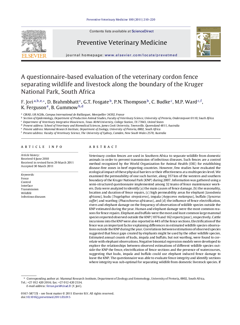 A questionnaire-based evaluation of the veterinary cordon fence separating wildlife and livestock along the boundary of the Kruger National Park, South Africa