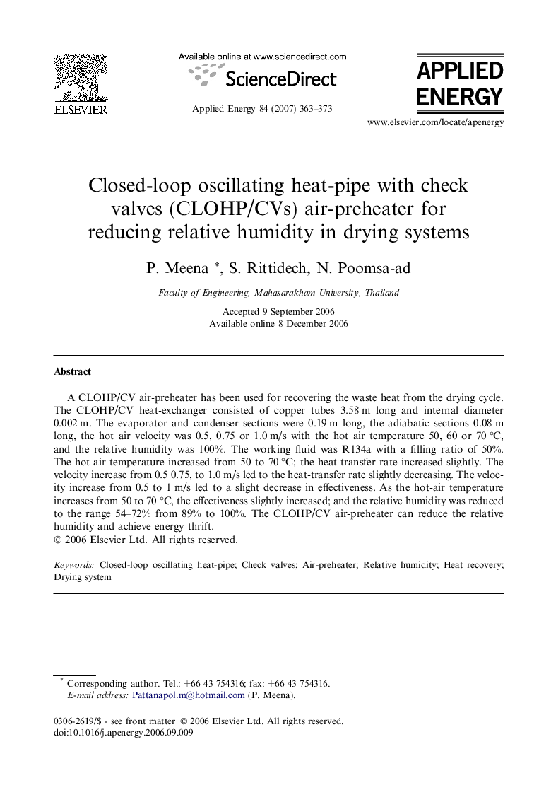 Closed-loop oscillating heat-pipe with check valves (CLOHP/CVs) air-preheater for reducing relative humidity in drying systems