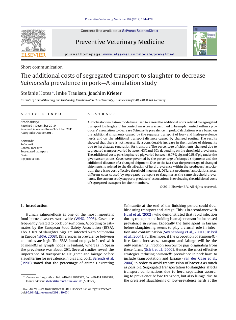 The additional costs of segregated transport to slaughter to decrease Salmonella prevalence in pork—A simulation study