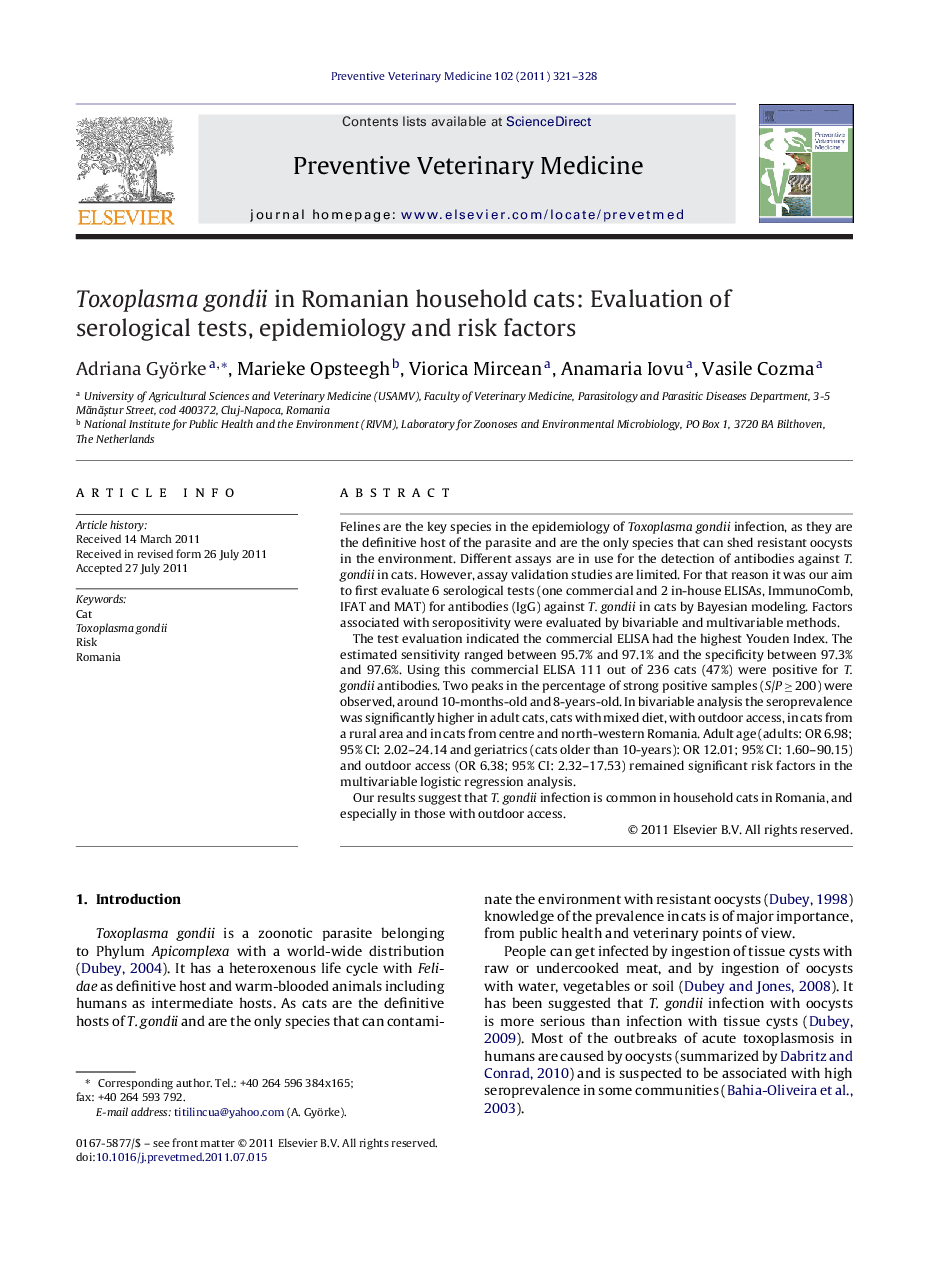 Toxoplasma gondii in Romanian household cats: Evaluation of serological tests, epidemiology and risk factors