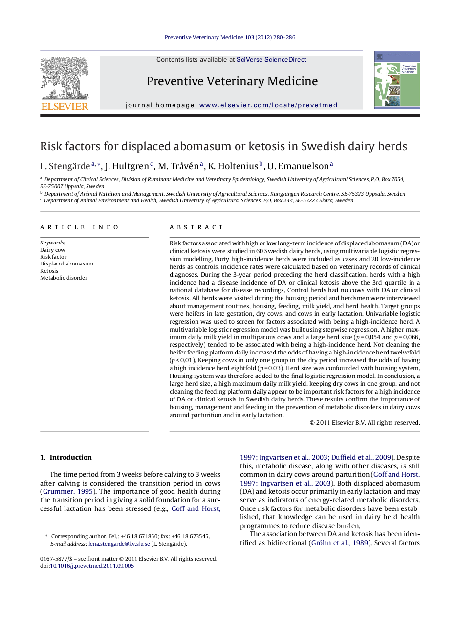 Risk factors for displaced abomasum or ketosis in Swedish dairy herds