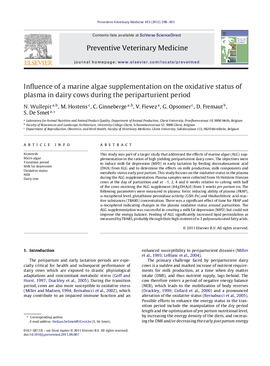 Influence of a marine algae supplementation on the oxidative status of plasma in dairy cows during the periparturient period