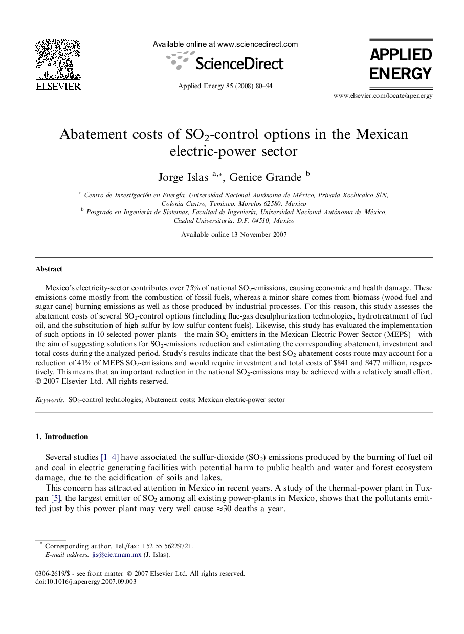 Abatement costs of SO2-control options in the Mexican electric-power sector