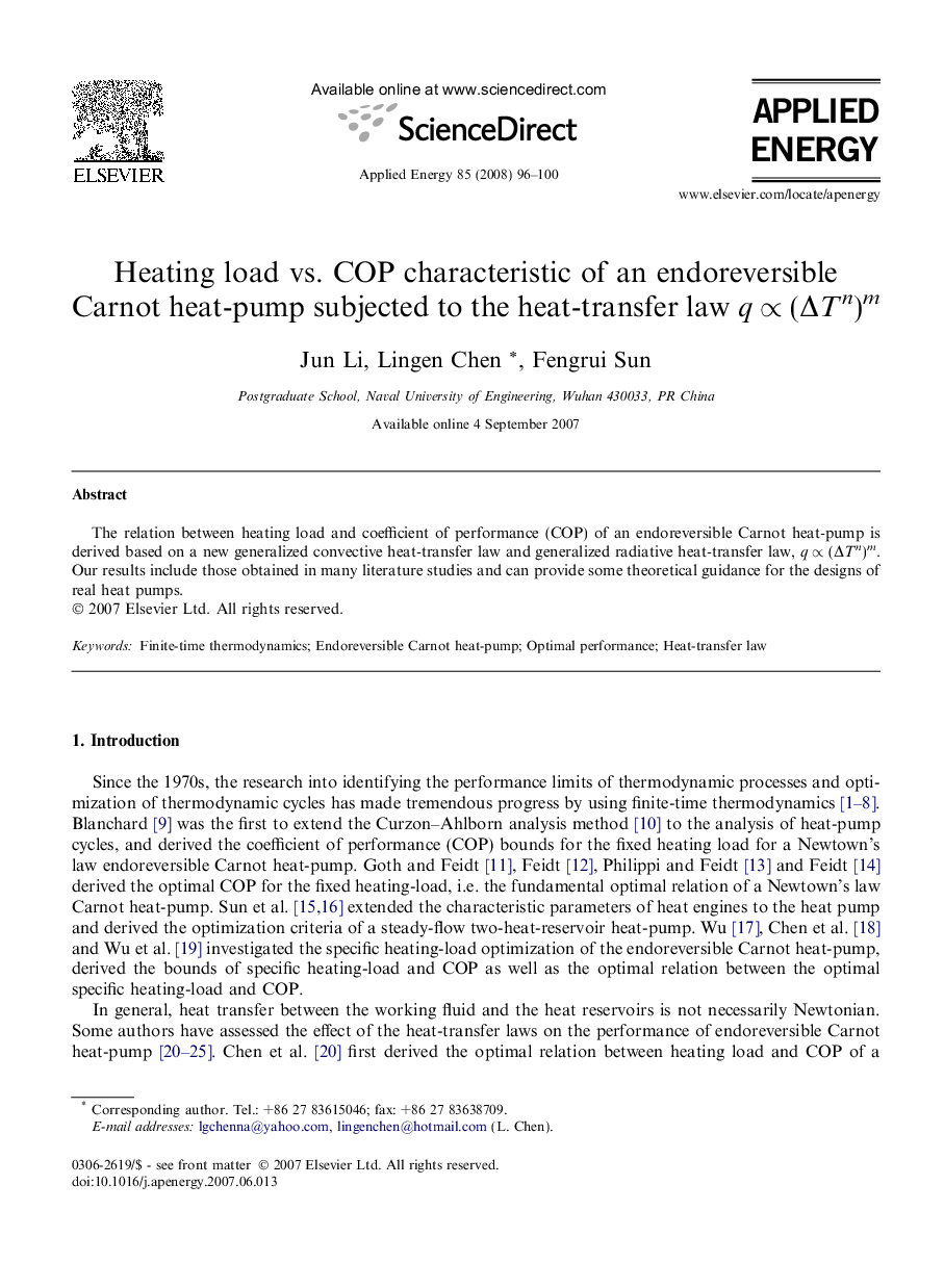 Heating load vs. COP characteristic of an endoreversible Carnot heat-pump subjected to the heat-transfer law q ∝ (ΔTn)m