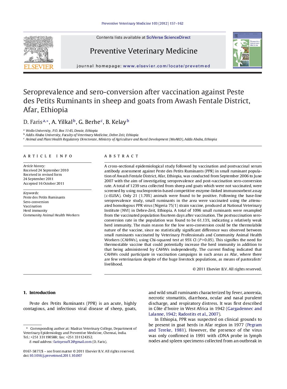 Seroprevalence and sero-conversion after vaccination against Peste des Petits Ruminants in sheep and goats from Awash Fentale District, Afar, Ethiopia