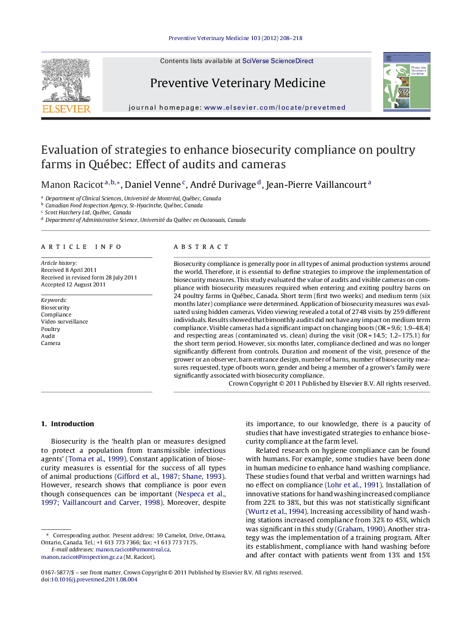 Evaluation of strategies to enhance biosecurity compliance on poultry farms in Québec: Effect of audits and cameras