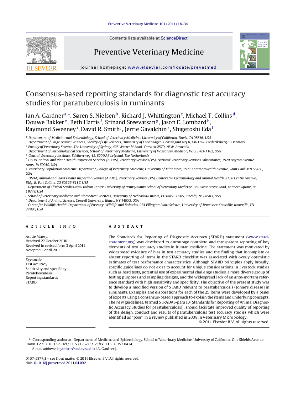 Consensus-based reporting standards for diagnostic test accuracy studies for paratuberculosis in ruminants