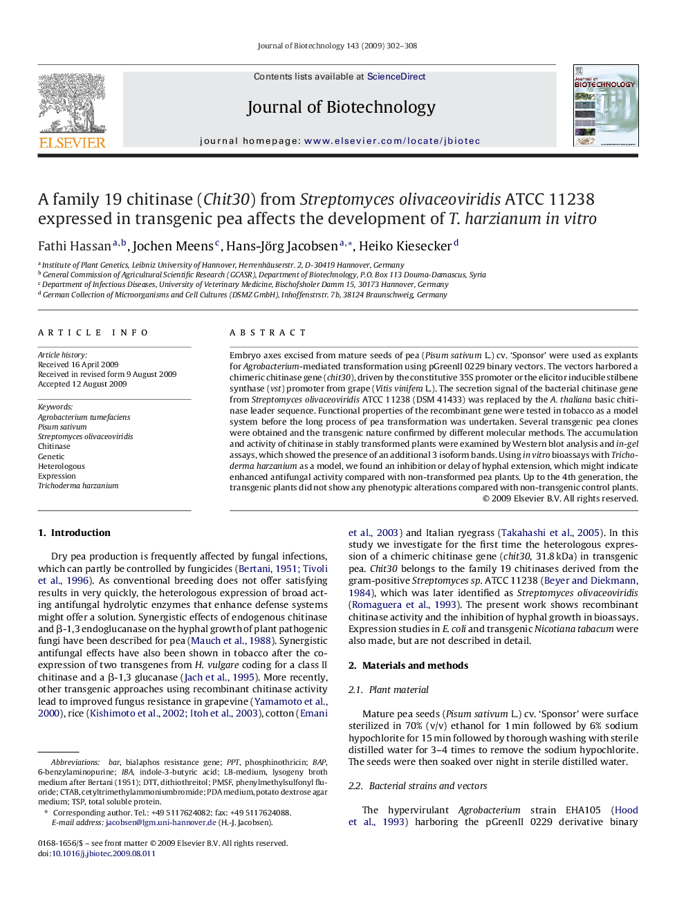 A family 19 chitinase (Chit30) from Streptomyces olivaceoviridis ATCC 11238 expressed in transgenic pea affects the development of T. harzianum in vitro