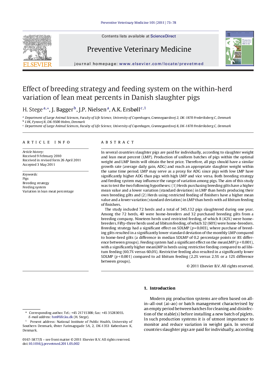 عکس صفحه اول مقاله: Effect of breeding strategy and feeding system on the within-herd variation of lean meat percents in Danish slaughter pigs Effect of breeding strategy and feeding system on the within-herd variation of lean meat percents in Danish slaughter pigs