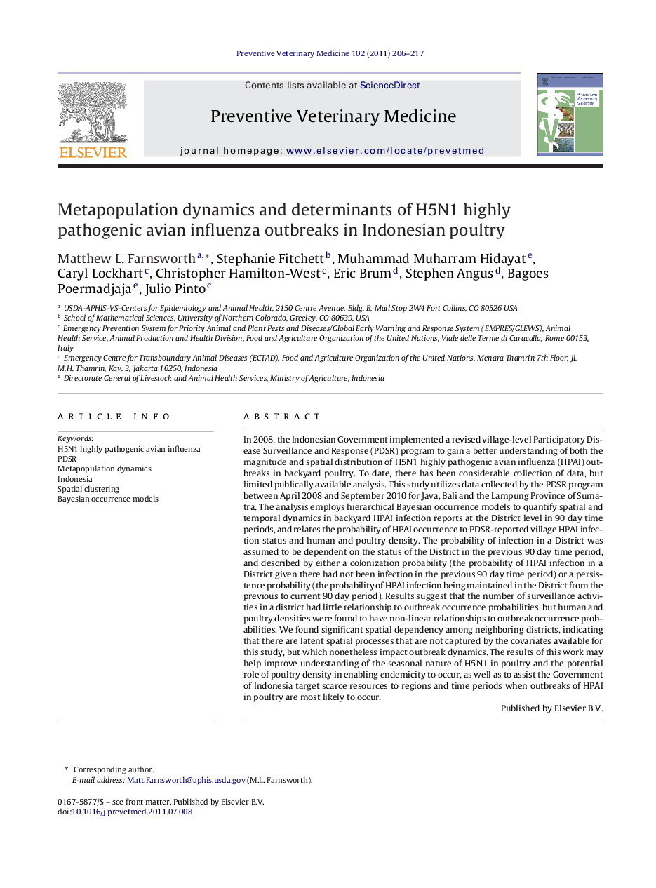 Metapopulation dynamics and determinants of H5N1 highly pathogenic avian influenza outbreaks in Indonesian poultry