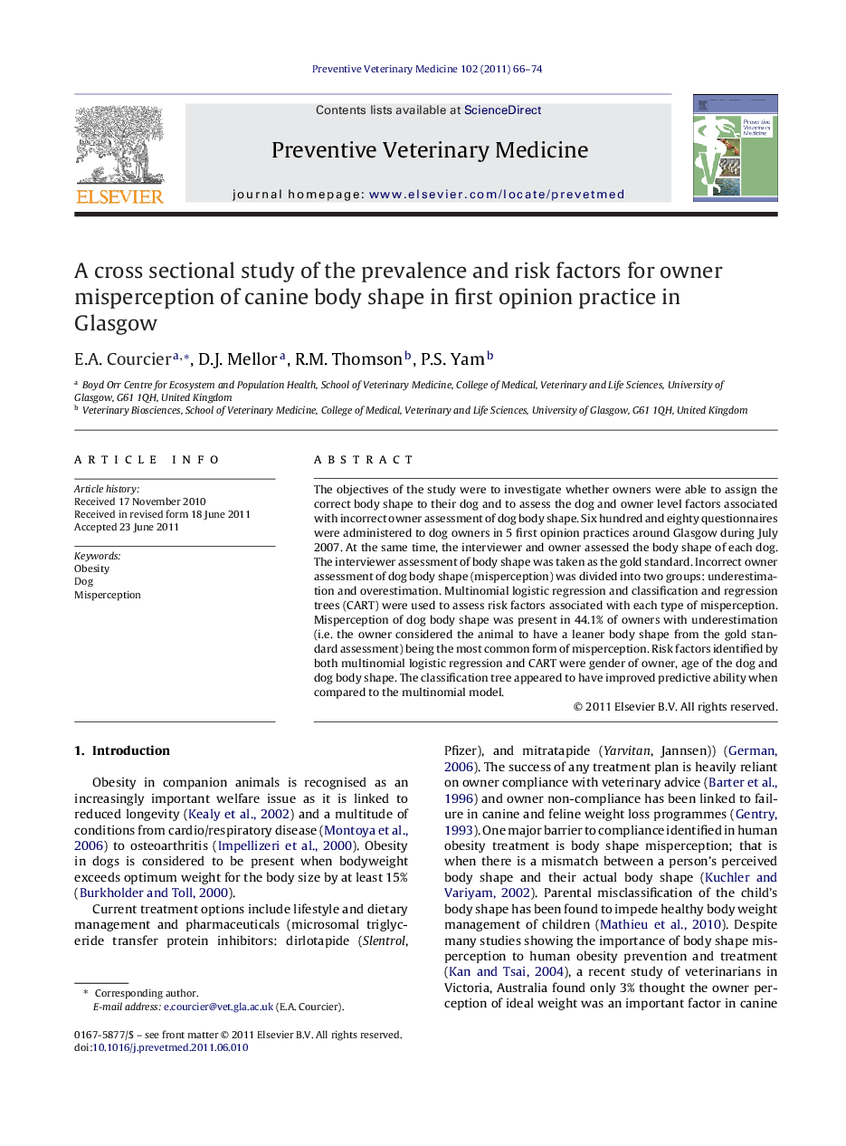 A cross sectional study of the prevalence and risk factors for owner misperception of canine body shape in first opinion practice in Glasgow