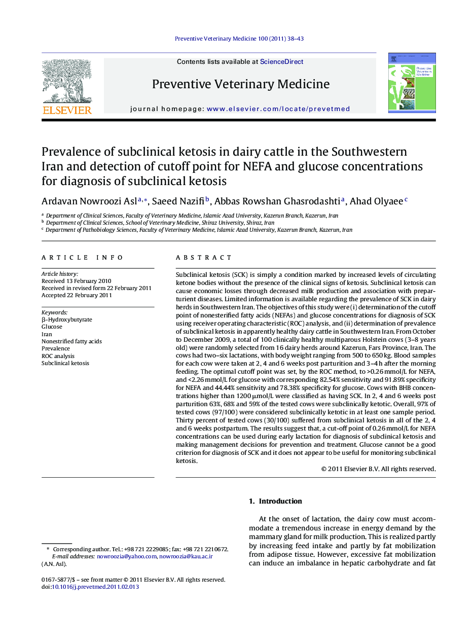 Prevalence of subclinical ketosis in dairy cattle in the Southwestern Iran and detection of cutoff point for NEFA and glucose concentrations for diagnosis of subclinical ketosis