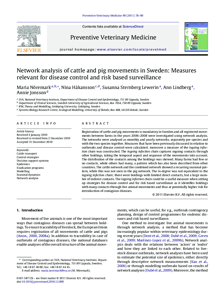 Network analysis of cattle and pig movements in Sweden: Measures relevant for disease control and risk based surveillance