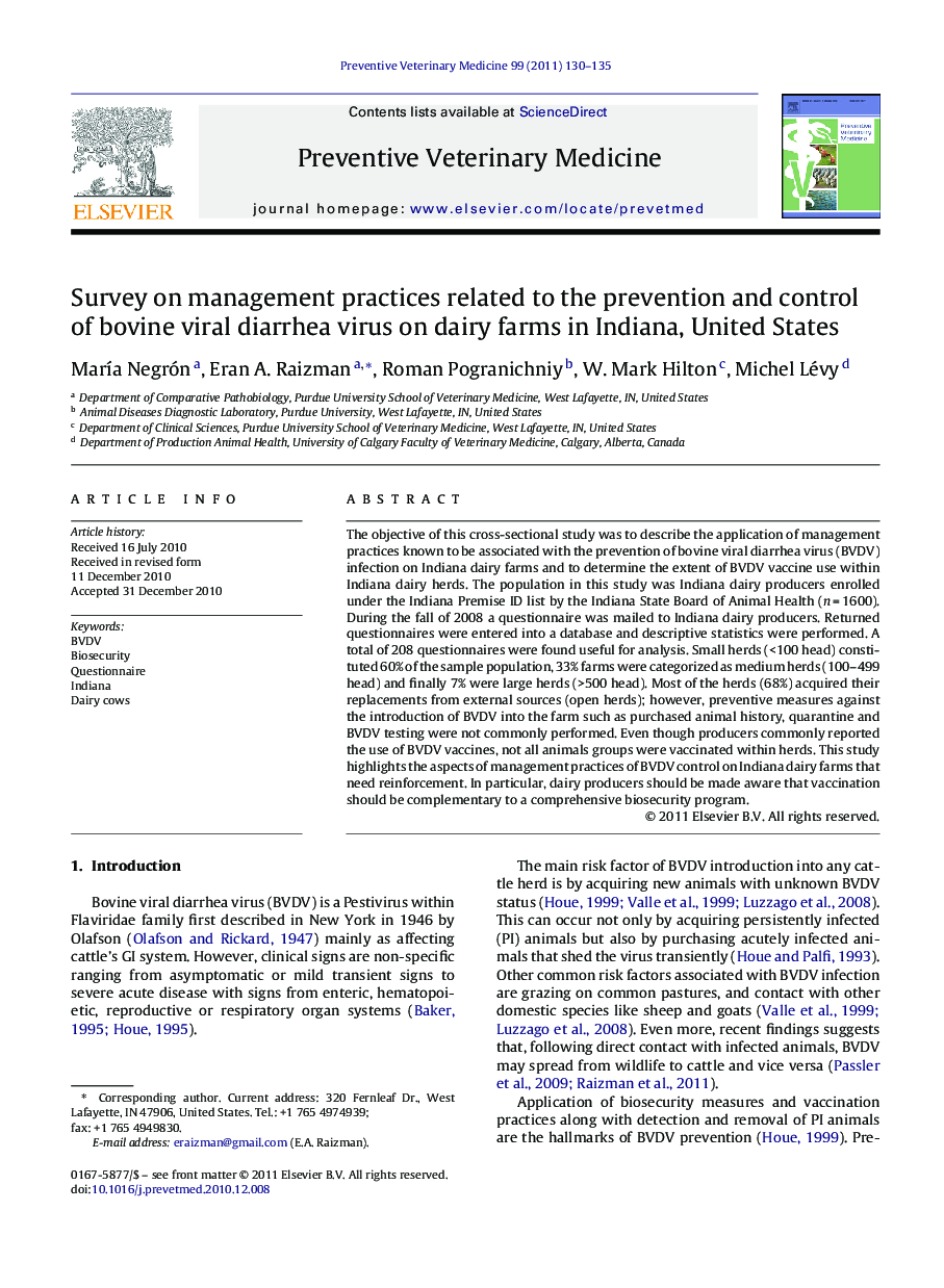 Survey on management practices related to the prevention and control of bovine viral diarrhea virus on dairy farms in Indiana, United States