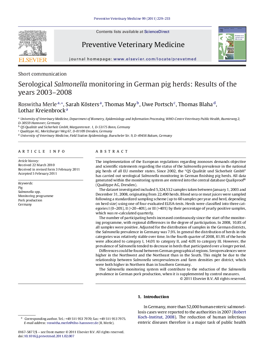 Serological Salmonella monitoring in German pig herds: Results of the years 2003–2008