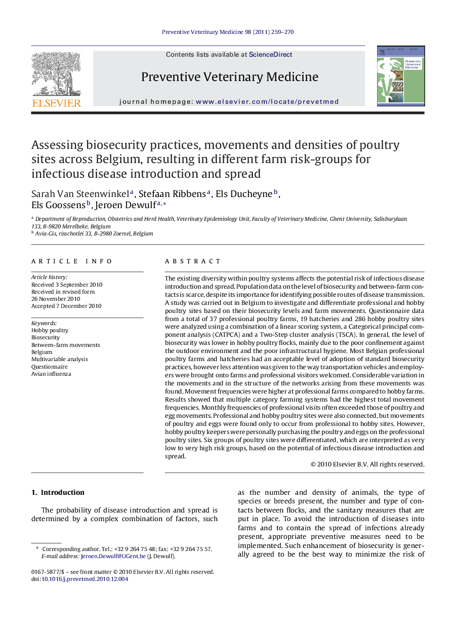 Assessing biosecurity practices, movements and densities of poultry sites across Belgium, resulting in different farm risk-groups for infectious disease introduction and spread