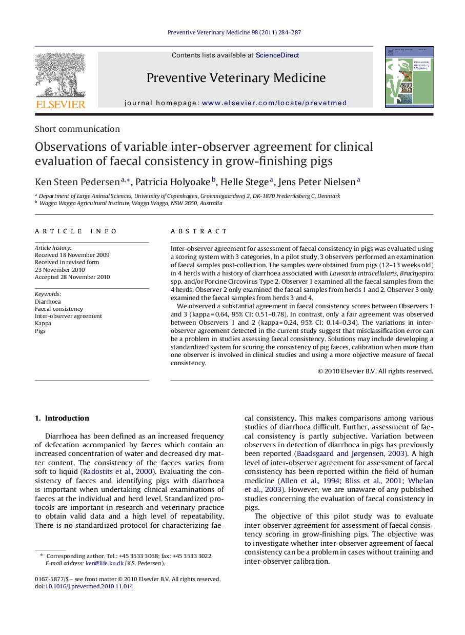 Observations of variable inter-observer agreement for clinical evaluation of faecal consistency in grow-finishing pigs