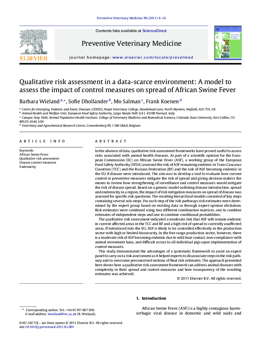 Qualitative risk assessment in a data-scarce environment: A model to assess the impact of control measures on spread of African Swine Fever