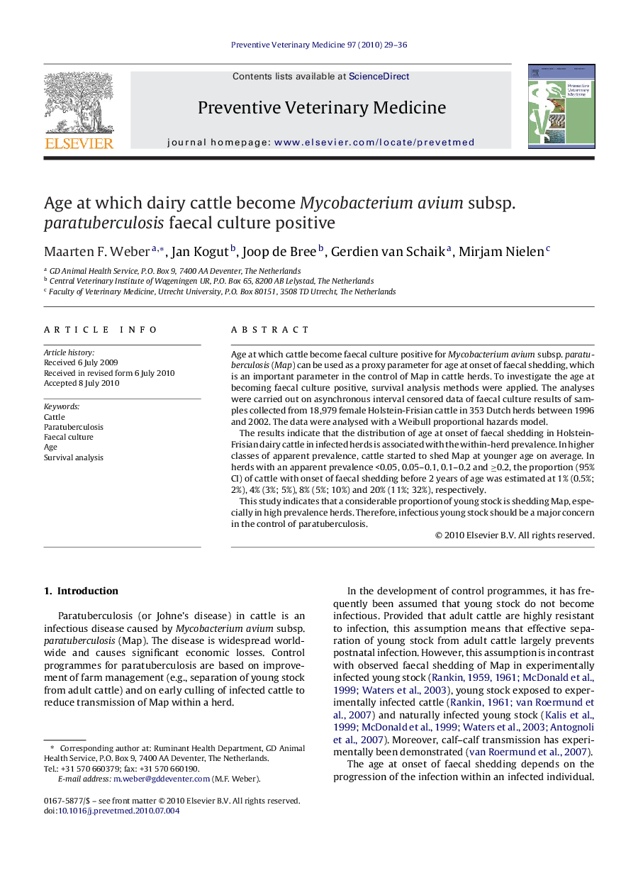 Age at which dairy cattle become Mycobacterium avium subsp. paratuberculosis faecal culture positive