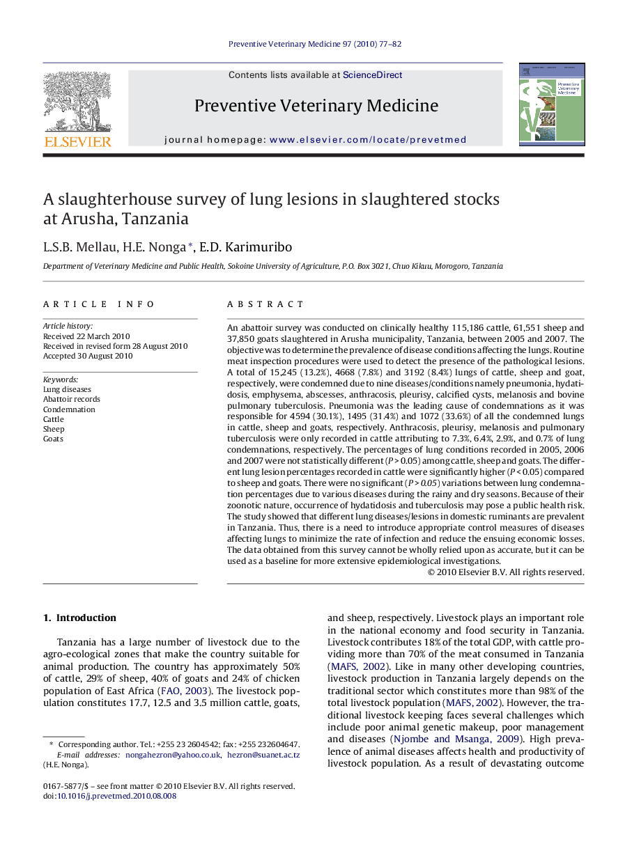 A slaughterhouse survey of lung lesions in slaughtered stocks at Arusha, Tanzania