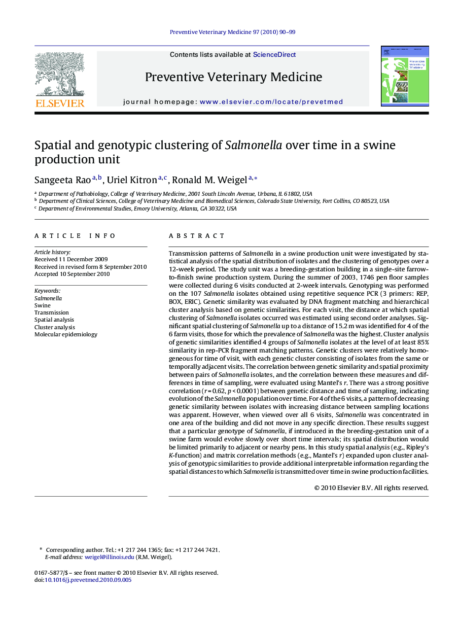 Spatial and genotypic clustering of Salmonella over time in a swine production unit