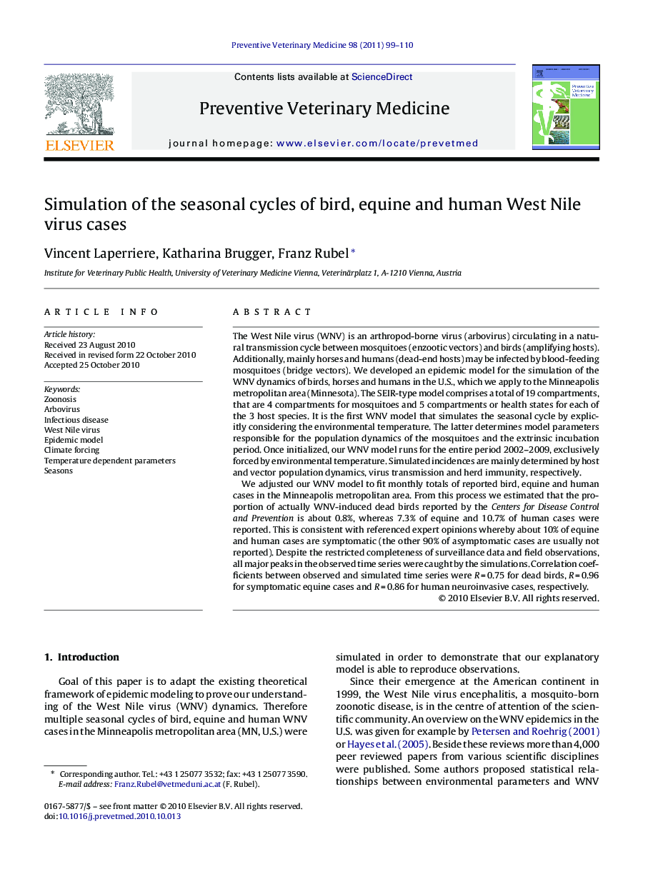 Simulation of the seasonal cycles of bird, equine and human West Nile virus cases