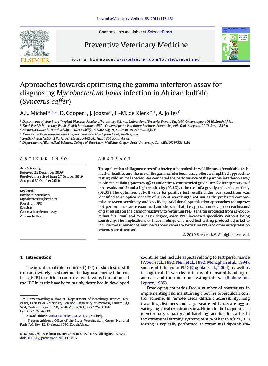 Approaches towards optimising the gamma interferon assay for diagnosing Mycobacterium bovis infection in African buffalo (Syncerus caffer)