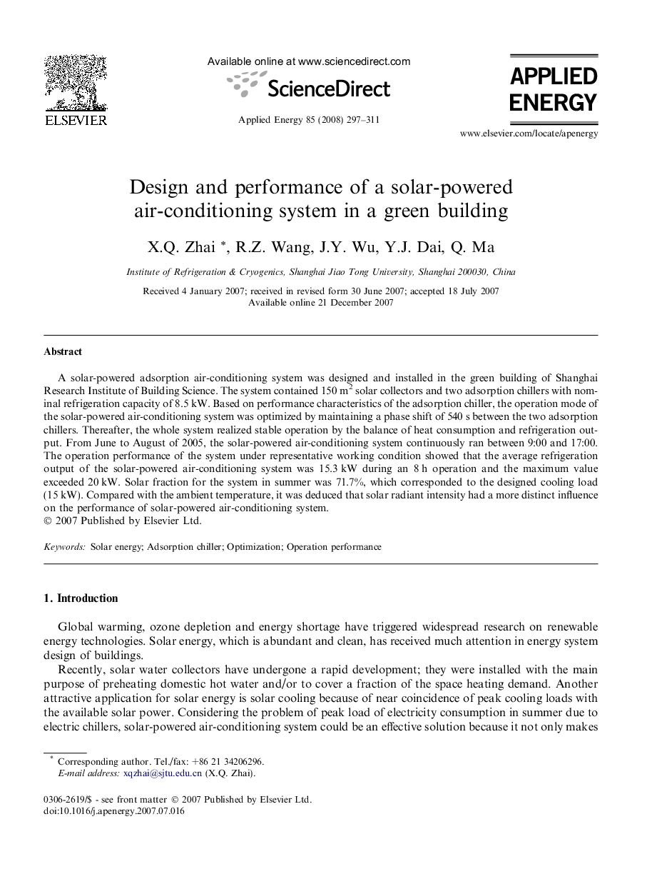 Design and performance of a solar-powered air-conditioning system in a green building