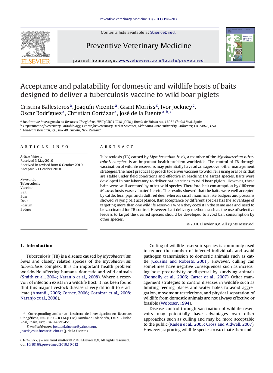 Acceptance and palatability for domestic and wildlife hosts of baits designed to deliver a tuberculosis vaccine to wild boar piglets