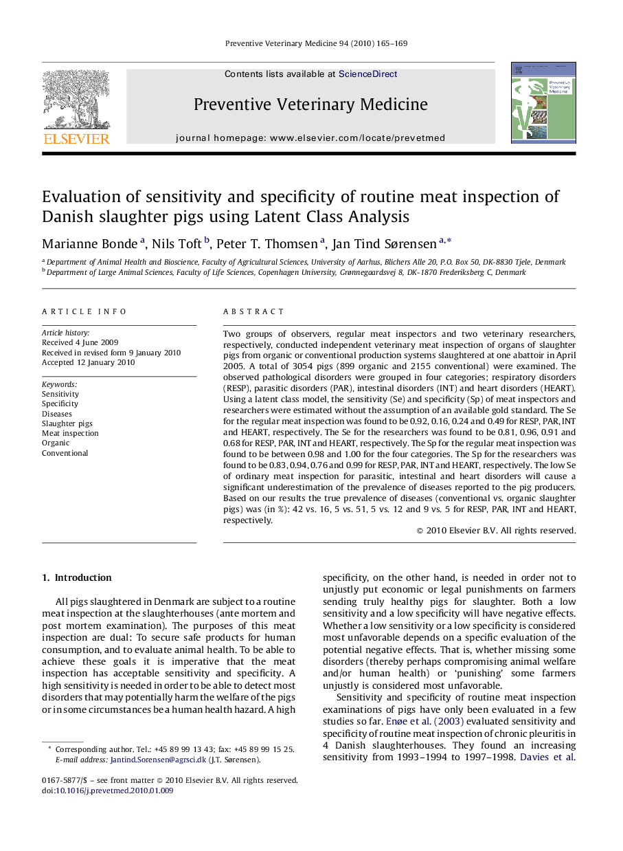 Evaluation of sensitivity and specificity of routine meat inspection of Danish slaughter pigs using Latent Class Analysis