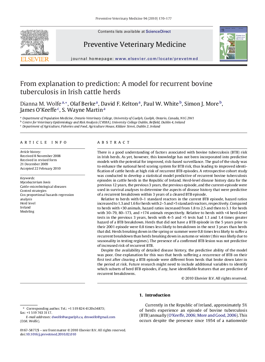 عکس صفحه اول مقاله: From explanation to prediction: A model for recurrent bovine tuberculosis in Irish cattle herds From explanation to prediction: A model for recurrent bovine tuberculosis in Irish cattle herds