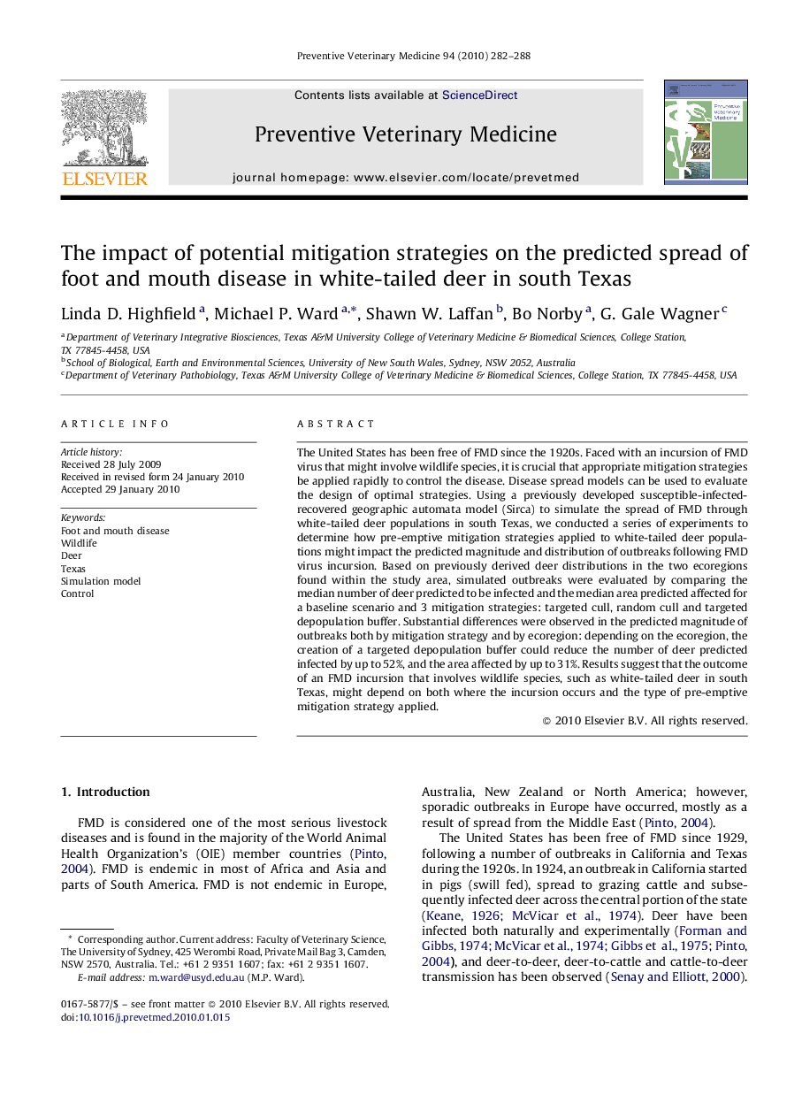 The impact of potential mitigation strategies on the predicted spread of foot and mouth disease in white-tailed deer in south Texas