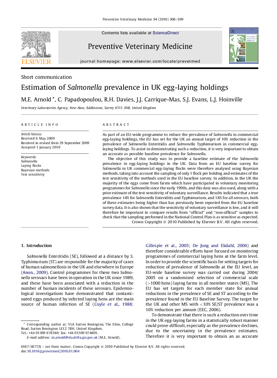 عکس صفحه اول مقاله: Estimation of Salmonella prevalence in UK egg-laying holdings Estimation of Salmonella prevalence in UK egg-laying holdings
