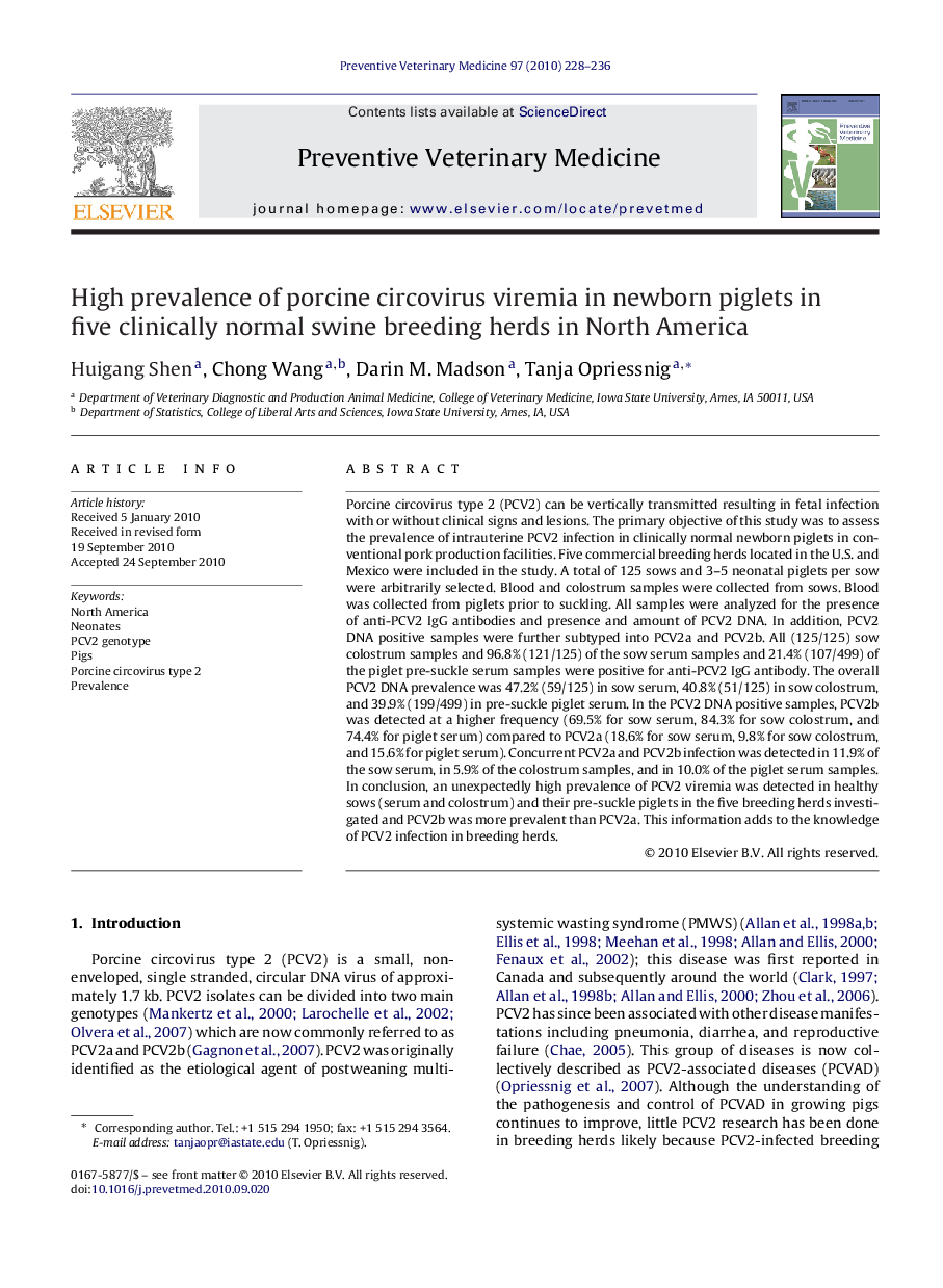 High prevalence of porcine circovirus viremia in newborn piglets in five clinically normal swine breeding herds in North America