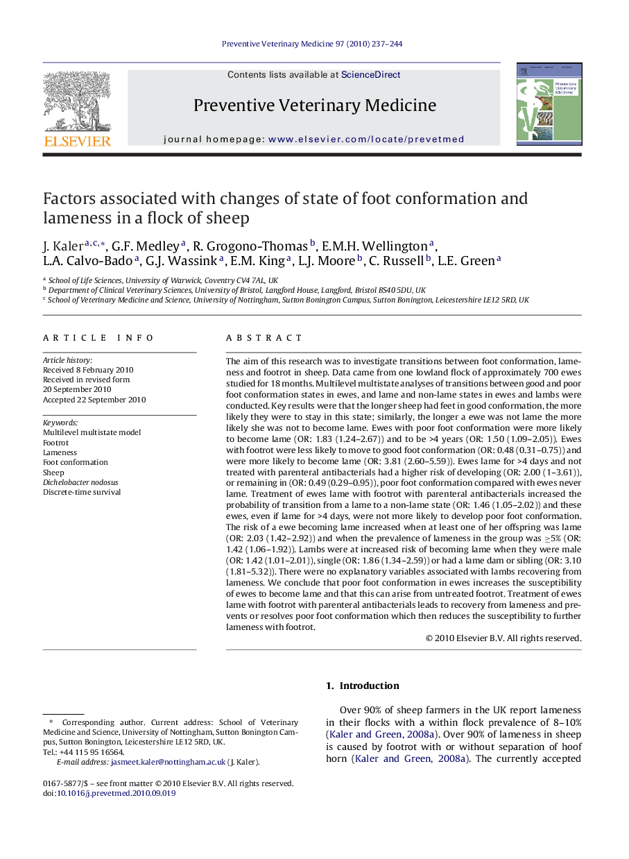 Factors associated with changes of state of foot conformation and lameness in a flock of sheep