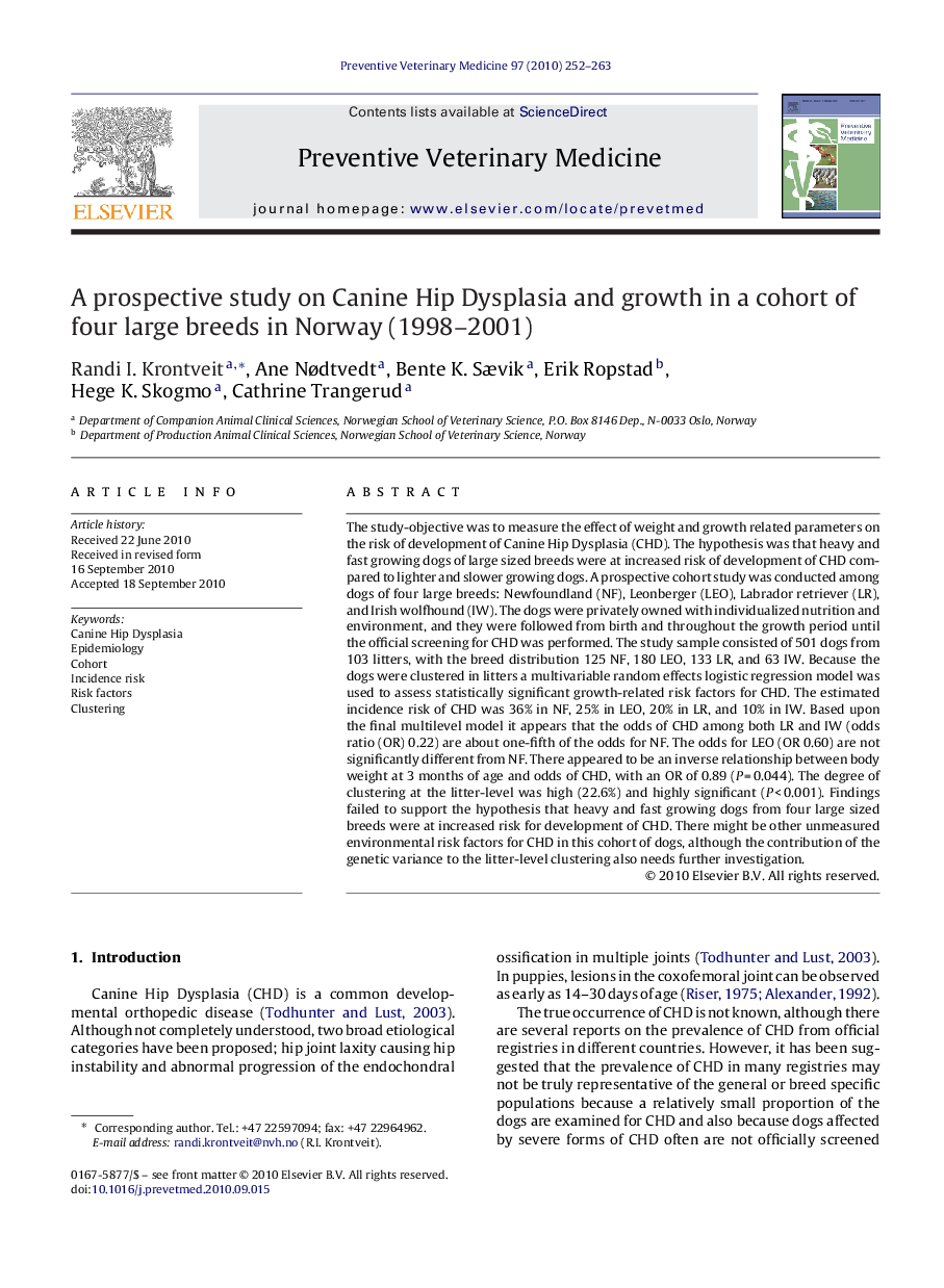 A prospective study on Canine Hip Dysplasia and growth in a cohort of four large breeds in Norway (1998–2001)