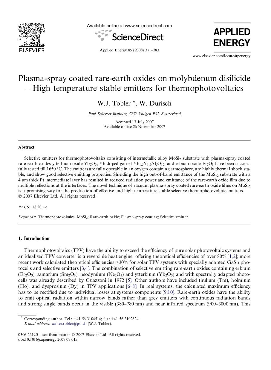 Plasma-spray coated rare-earth oxides on molybdenum disilicide – High temperature stable emitters for thermophotovoltaics