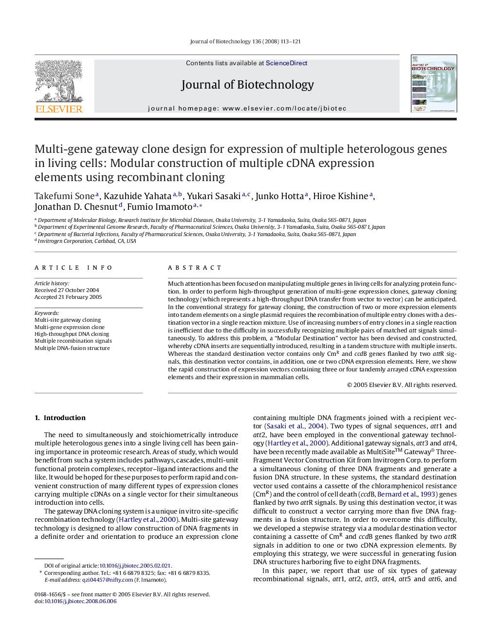 Multi-gene gateway clone design for expression of multiple heterologous genes in living cells: Modular construction of multiple cDNA expression elements using recombinant cloning