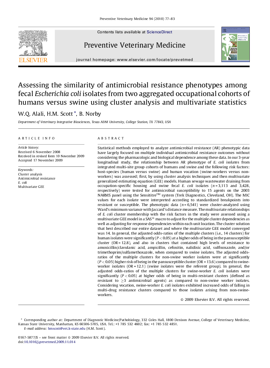 Assessing the similarity of antimicrobial resistance phenotypes among fecal Escherichia coli isolates from two aggregated occupational cohorts of humans versus swine using cluster analysis and multivariate statistics